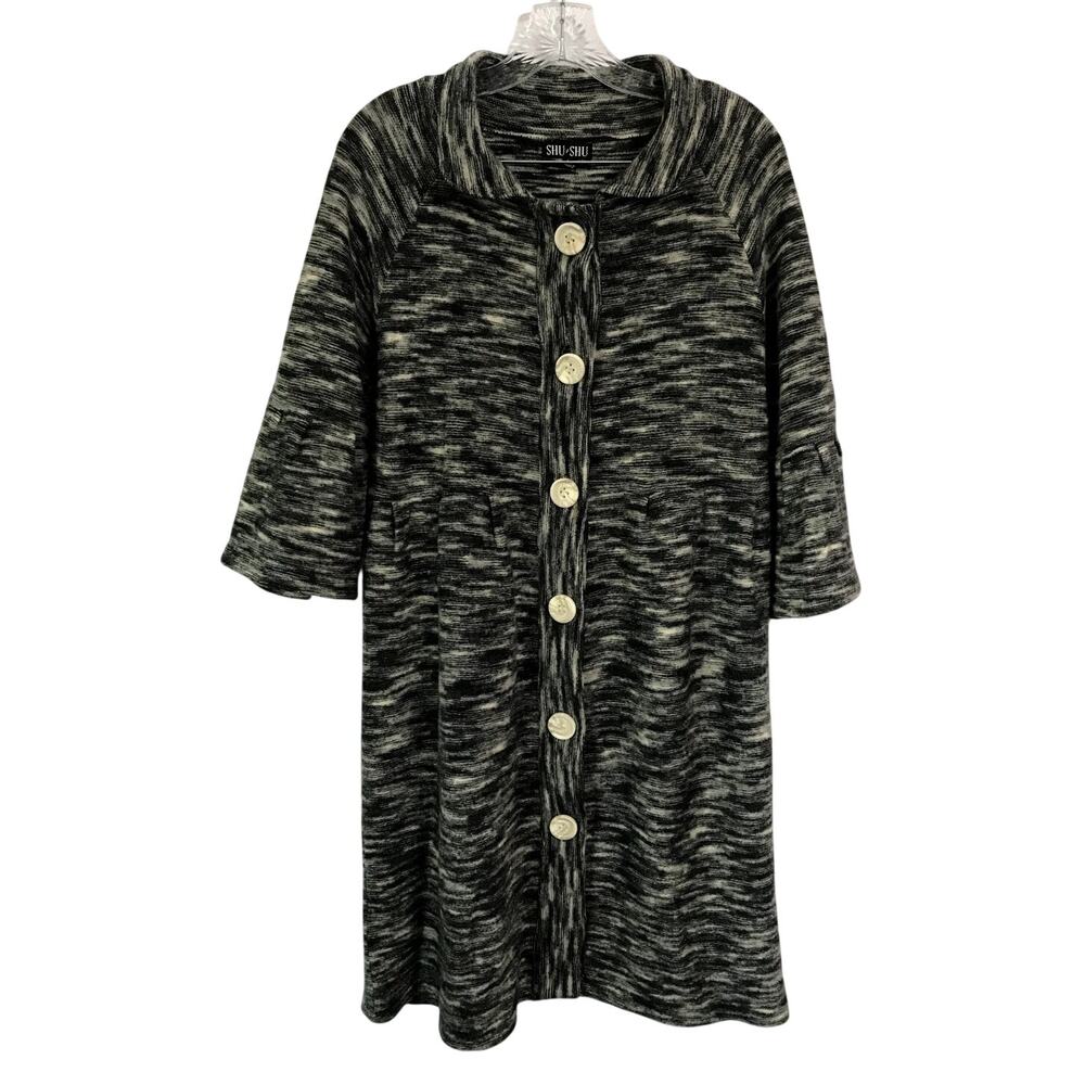 Shu Shu Cardigan Large Womens Wool Black Grey Marled Long Sweater Duster L